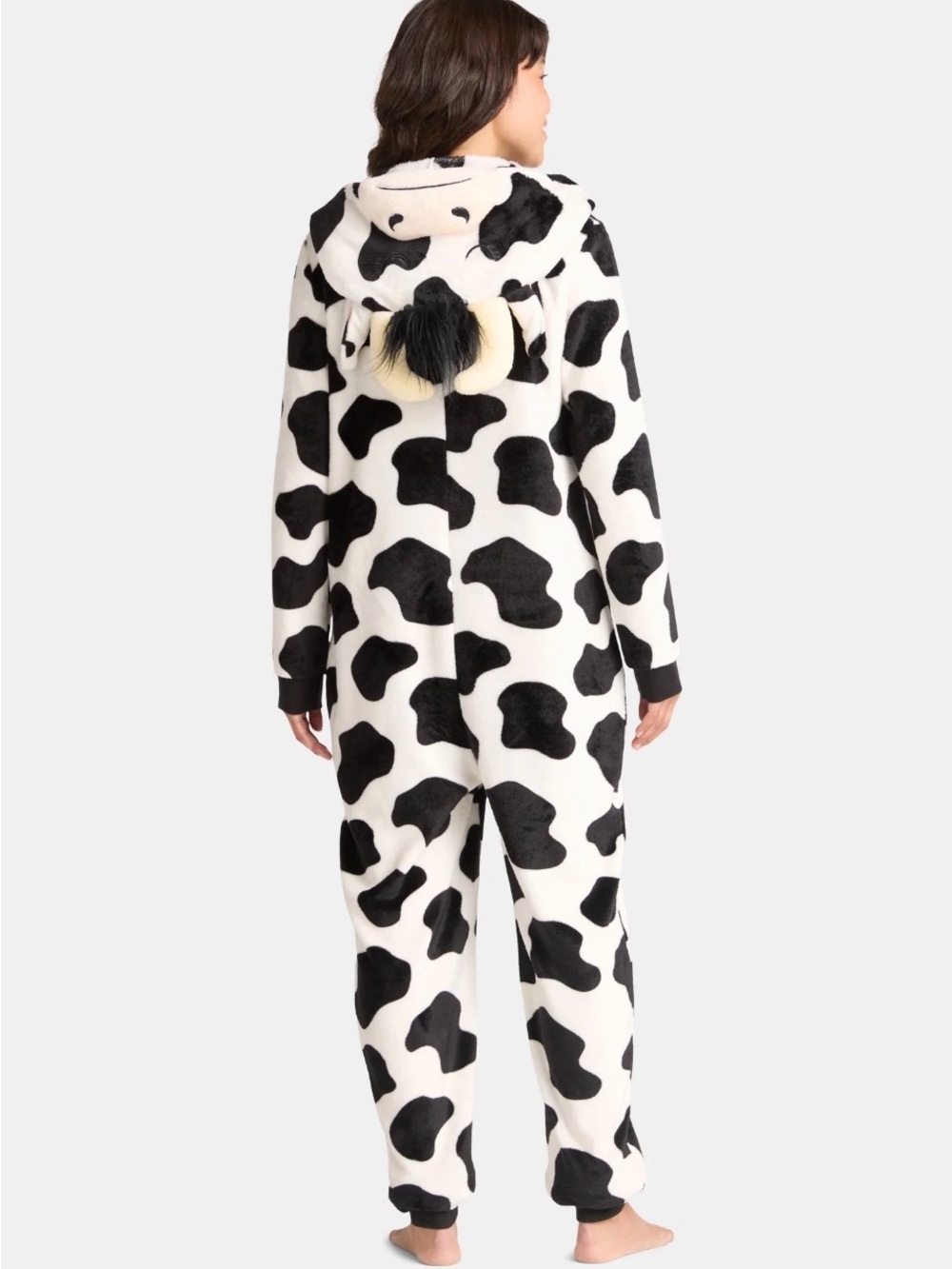 Holiday Time Cow-Print Plush Hooded Jumpsuit - Black & White - Picture 4 of 4
